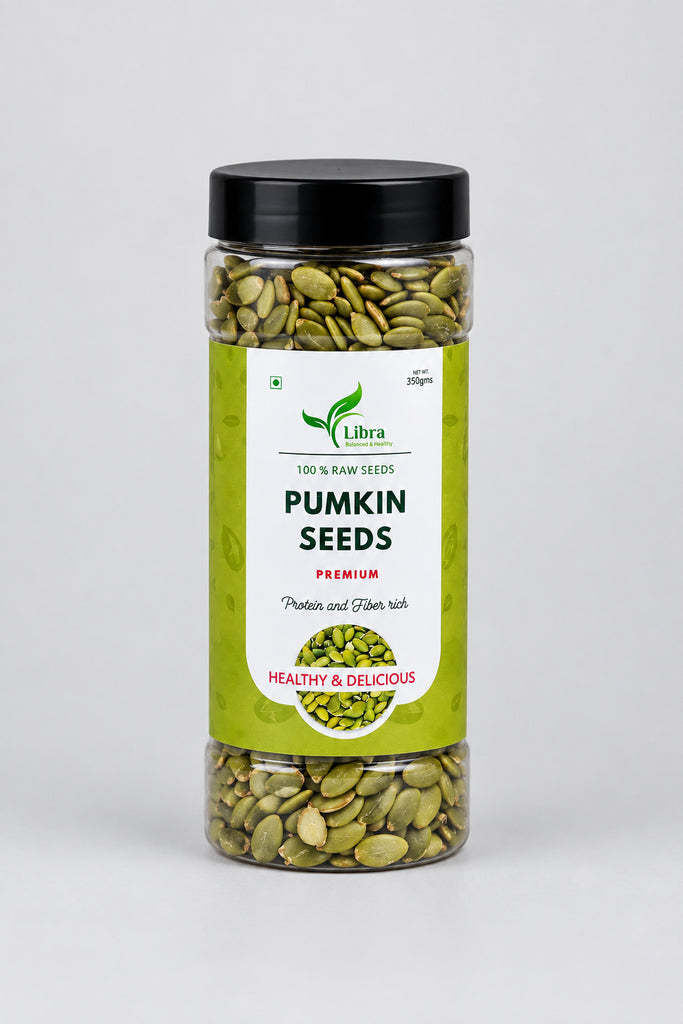 A clear plastic jar of Libra Pumpkin Seeds with a black lid and a yellow label, shown on a plain white background.